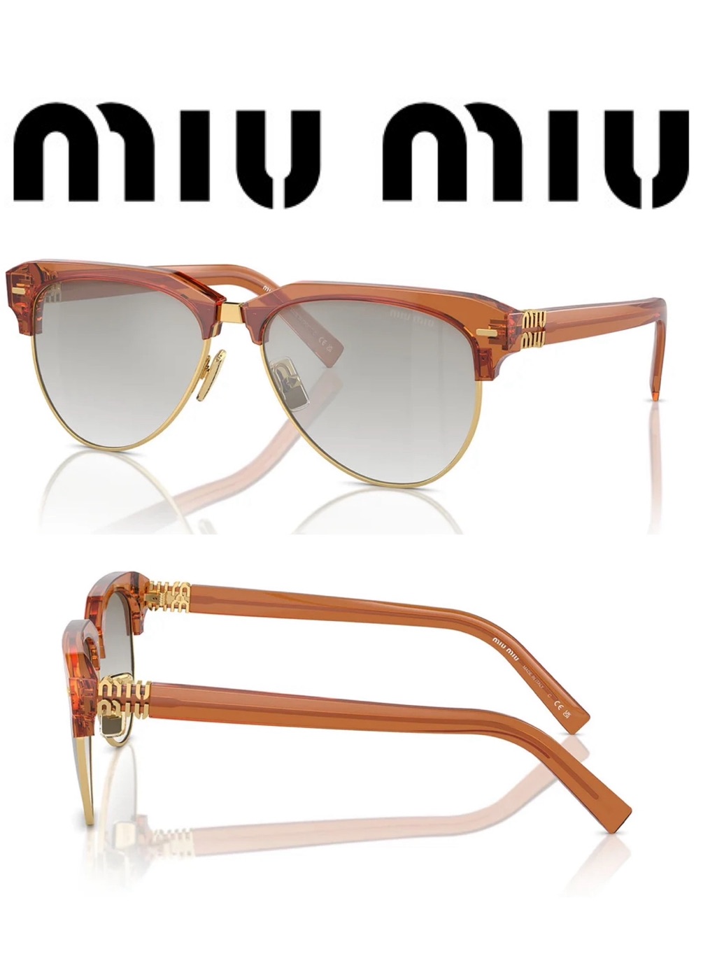 Miu Miu Muo9z Browline Amber Transparent Cat-Eye Sunglasses $541 Nwt